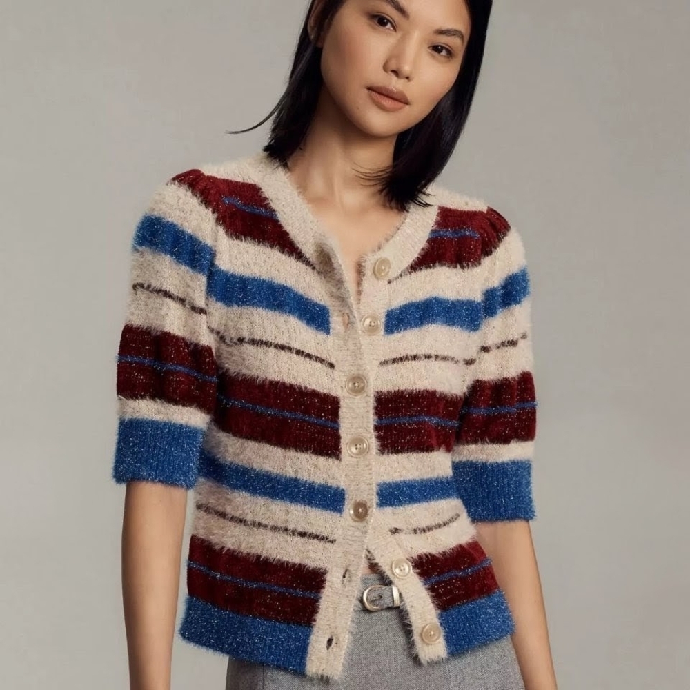 NEW Anthropologie Maeve Fuzzy Button Front Cardigan Sweater In Burgundy/Blue - S